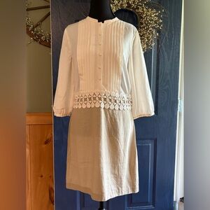 Kensie Linen & Rayon White and Tan Sheath Dress with Pleated Bishop Sleeves NWT